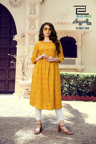 Blue Hill's Angel Vol-1 Printed Rayon Bandhej Design With Hand Work Kurti Collection ( 7 Pcs Catalog )