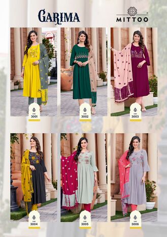 Mittoo Garima Readymade Kurti With Pant Dupatta Collection In Wholesale ( 6 Pcs Catalog )