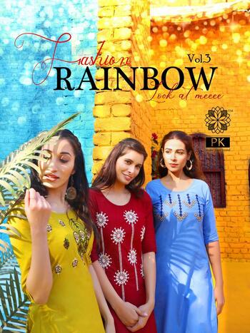 Pk Fashion Rainbow Vol 3 Straight  Designer Cotton Embroidery Kurti Collection ( 21 Pcs Catalog )